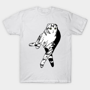 Scottish Fold Cat Sitting Black, White and Grey Design T-Shirt